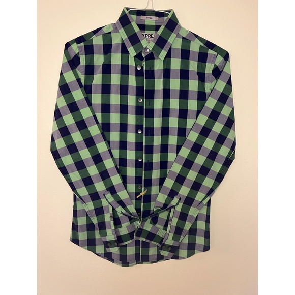 Mens EXPRESS | Button Up | XS | Blue & Green Plaid / Checker l Fitted | - Picture 2 of 8